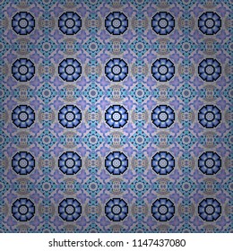 Arabesque vector ornament. Old ceramic tile wall seamless pattern texture. Colorful ethnic patterned background in violet, neutral and blue colors.