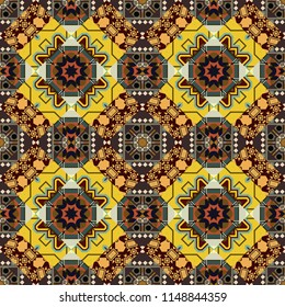 Arabesque vector ornament. Old ceramic tile wall seamless pattern texture. Colorful ethnic patterned background in brown, yellow and orange colors.