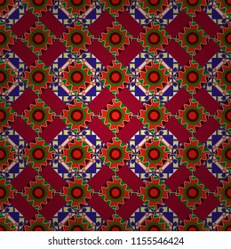 Arabesque vector ornament. Old ceramic tile wall seamless pattern texture. Colorful ethnic patterned background in white, red and green colors.