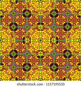 Arabesque vector ornament. Old ceramic tile wall seamless pattern texture. Colorful ethnic patterned background in green, yellow and red colors.