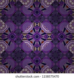 Arabesque vector ornament. Old ceramic tile wall seamless pattern texture. Colorful ethnic patterned background in gray, violet and purple colors.