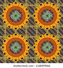 Arabesque vector ornament. Old ceramic tile wall seamless pattern texture. Colorful ethnic patterned background in orange, green and yellow colors.