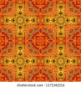 Arabesque vector ornament. Old ceramic tile wall seamless pattern texture. Colorful ethnic patterned background in yellow, green and orange colors.