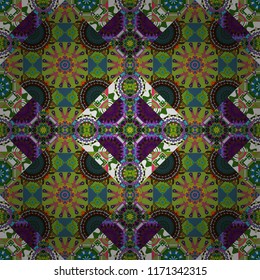 Arabesque vector ornament. Old ceramic tile wall seamless pattern texture. Colorful ethnic patterned background in brown, blue and green colors.