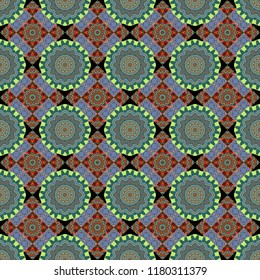 Arabesque vector ornament. Old ceramic tile wall seamless pattern texture. Colorful ethnic patterned background in brown, blue and green colors.