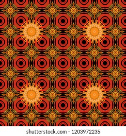 Arabesque vector ornament. Old ceramic tile wall seamless pattern texture. Colorful ethnic patterned background in black, pink and orange colors.
