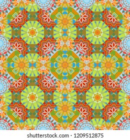 Arabesque vector ornament. Old ceramic tile wall seamless pattern texture. Colorful ethnic patterned background in orange, blue and green colors.