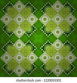 Arabesque vector ornament. Old ceramic tile wall seamless pattern texture. Colorful ethnic patterned background in yellow, beige and green colors.