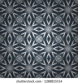 Arabesque vector ornament. Old ceramic tile wall seamless pattern texture. Colorful ethnic patterned background in gray, white and blue colors.