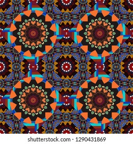 Arabesque vector ornament. Old ceramic tile wall seamless pattern texture. Colorful ethnic patterned background in orange, black and blue colors.