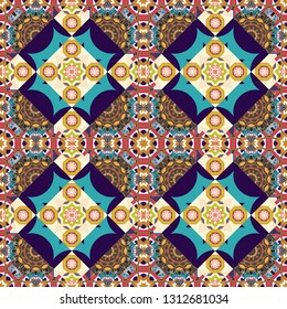 Arabesque vector ornament. Old ceramic tile wall seamless pattern texture. Colorful ethnic patterned background in blue, orange and gray colors.
