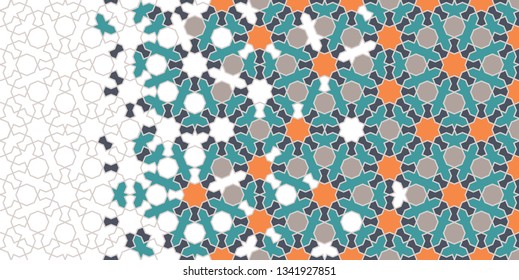 Arabesque vector seamless border. Geometric halftone texture with color tile disintegration or breaking