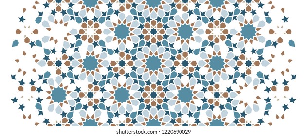 Arabesque vector seamless pattern. Geometric halftone texture with color tile disintegration or breaking