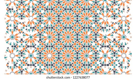 Arabesque vector seamless pattern. Geometric halftone texture with color tile disintegration or breaking