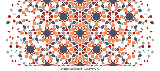 Arabesque vector seamless pattern. Geometric halftone texture with color tile disintegration or breaking