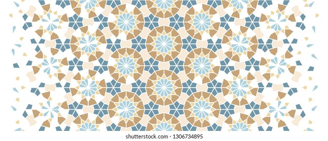 Arabesque vector seamless pattern. Geometric halftone texture with color tile disintegration or breaking