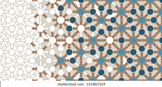 Arabesque vector seamless pattern. Geometric halftone texture with color tile disintegration or breaking