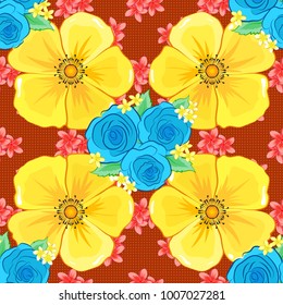 Arabesque. Vintage abstract vector floral seamless pattern in orange, blue and yellow colors. Intersecting curved elegant stylized cosmos flowers, leaves and scrolls forming ornament in Arabic style.