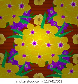 Arabesque. Vintage abstract vector floral seamless pattern in yellow, orange and green colors. Intersecting curved elegant stylized primula flowers, leaves and scrolls forming floral ornament.
