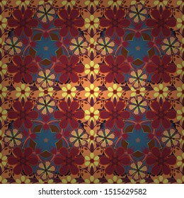 Arabesque. Vintage abstract vector floral seamless pattern in brown, red and orange colors. Intersecting curved elegant stylized leaves and scrolls forming abstract floral ornament in Arabic style.