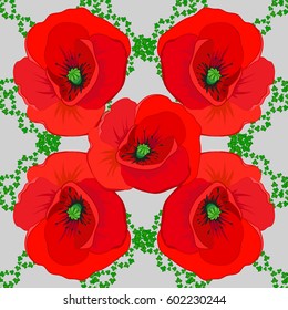 Arabesque. Vintage abstract vector floral seamless pattern on a gray background. Intersecting curved elegant stylized poppy flowers, leaves and scrolls forming abstract floral ornament in Arabic style