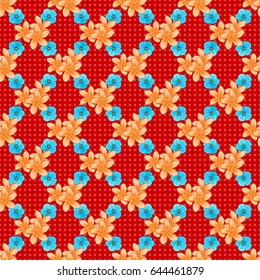 Arabesque. Vintage abstract vector floral seamless pattern on red background. Intersecting curved elegant stylized plumeria flowers, leaves and scrolls forming abstract floral ornament in Arabic style
