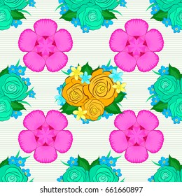 Arabesque. Vintage abstract vector floral seamless pattern on a beige background. Intersecting curved elegant stylized rose flowers, green leaves and scrolls forming floral ornament in Arabic style.