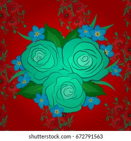 Arabesque vintage abstract vector floral seamless pattern on a red background. Intersecting curved elegant stylized rose flowers, green leaves and scrolls forming abstract ornament in Arabic style.
