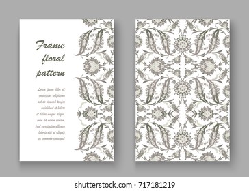 Arabesque vintage decor ornate pattern for design template vector. Eastern motif. Floral Border with place for text. Silver white grey flowers for save the date and greeting card, wedding invitation