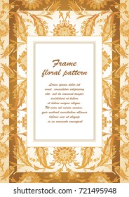 Arabesque vintage decor ornate pattern for design template vector. Eastern motif. Oriental Floral Frame with place for text. Gold white flowers for save the date, greeting card, wedding invitation
