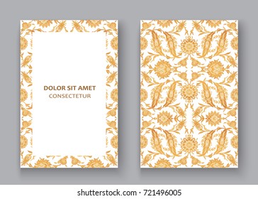 Arabesque vintage decor ornate pattern for design template vector. Eastern motif. Oriental Floral Frame with place for text. Gold white flowers for save the date, greeting card, wedding invitation