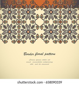 Arabesque vintage seamless border elegant floral decoration print for design template vector. Oriental flowers style pattern. Ornamental illustration for invitation, greeting card, copy space