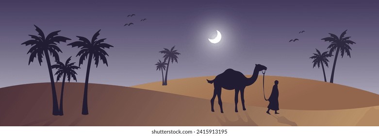 arabesque web horizontal banner, silhouette camel and palm tree, beautiful moonlight, night view in desert area, islamic background template vector