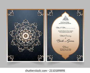 Arabesque Wedding Invitation Cards In Gray And Golden Color.