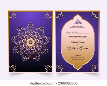 Arabeske Hochzeitskarten in violetter und goldener Farbe.