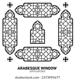 Arabesque window silhouettes. Vector symbol traditional islamic arches. Arabic traditional architecture. Ramadan Kareem design element. Geometric Ornament Arabic Pattern.