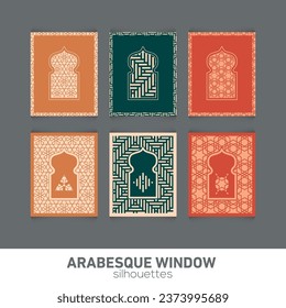 Silhouettes de ventana árabe. Símbolo vectorial arcos islámicos tradicionales. Arquitectura árabe tradicional. Elemento de diseño Ramadan Kareem. Patrón árabe de ornamento geométrico.