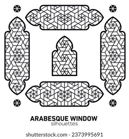 Arabesque Fenster Silhouetten. Vektorsymbol traditioneller islamischer Bögen. Arabische traditionelle Architektur. Ramadan Kareem Design-Element. Geometrisches arabisches Ziermuster.