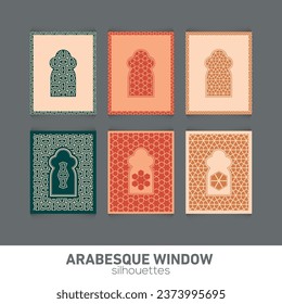 Arabesque window silhouettes. Vector symbol traditional islamic arches. Arabic traditional architecture. Ramadan Kareem design element. Geometric Ornament Arabic Pattern.