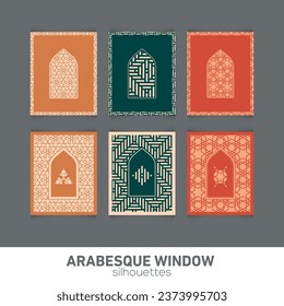 Arabesque window silhouettes. Vector symbol traditional islamic arches. Arabic traditional architecture. Ramadan Kareem design element. Geometric Ornament Arabic Pattern.