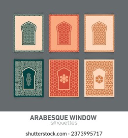 Arabesque window silhouettes. Vector symbol traditional islamic arches. Arabic traditional architecture. Ramadan Kareem design element. Geometric Ornament Arabic Pattern.