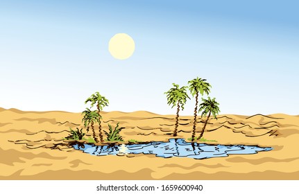 Arabia summer travel place skyline scene. Bright yellow color hand drawn warm Egypt scenic view sign icon symbol concept in art old vintage cartoon style. Text space on light blue sunny sky retro back