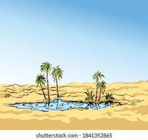 Arabia summer travel place skyline scene. Bright yellow color hand drawn warm Egypt scenic view sign icon symbol concept in art old vintage cartoon style. Text space on light blue sunny sky retro back