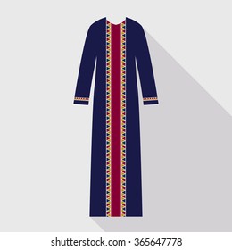 Arabian abaya. Muslim dress. Blue and red hijab vector illustration.