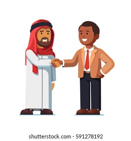 Arabian and African American man standing together shaking hands. Successful business deal, agreement or international partnership. Two multi ethnic partners meeting. Flat style vector illustration.