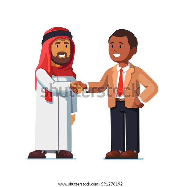 アラビア人とアフリカ系アメリカ人の男性が手を握り合って立っている 取引 合意 または国際パートナーシップの成功2人の多民族パートナーが会合 を開く フラットスタイルのベクターイラスト のベクター画像素材 ロイヤリティフリー