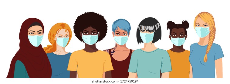 Arabian, african, asian, european, latino women with medical masks. Realistic female group portrait on white background. Flat hand drawn vector illustration.