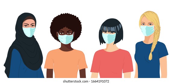 Arabian, african, asian, european woman with medical masks. Coronavirus protection concept. Realistic female group portrait on white background. Flat hand drawn vector illustration.