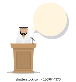 Arabian announcer on the podium with blank bubble speech for yours text