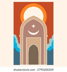 Arabian arc. Mosque shapes. Graphic Islam elements. Arab decorative window. Muslim architecture. Beautiful entry arch against sunrise background.
